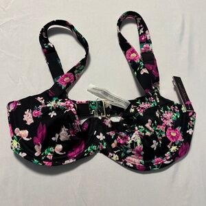 Victoria Secret Black and Pink Floral Adjustable Underwire Bikini Top Size 32D
